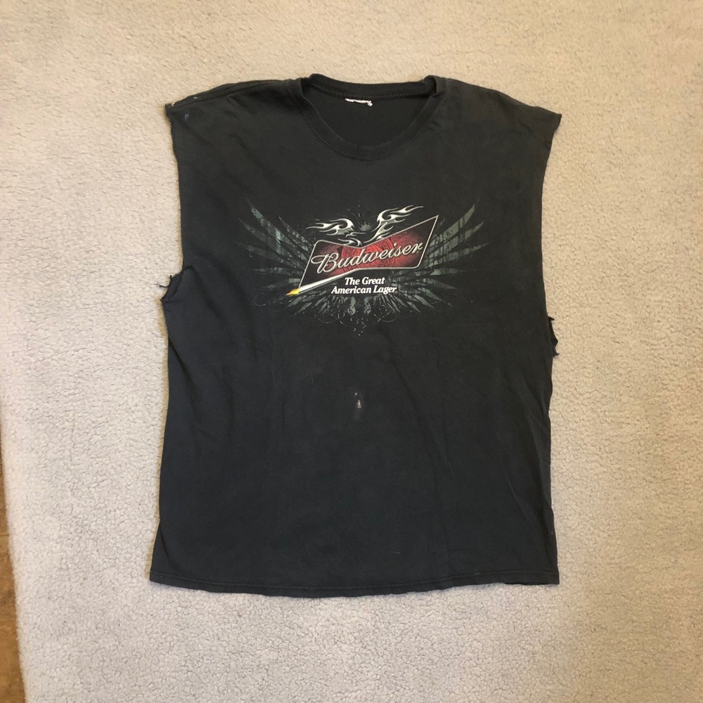 Vtg Budweiser Muscle Tee Shirt Black Eagle Graphic Distressed‎ Budweiser Tank L